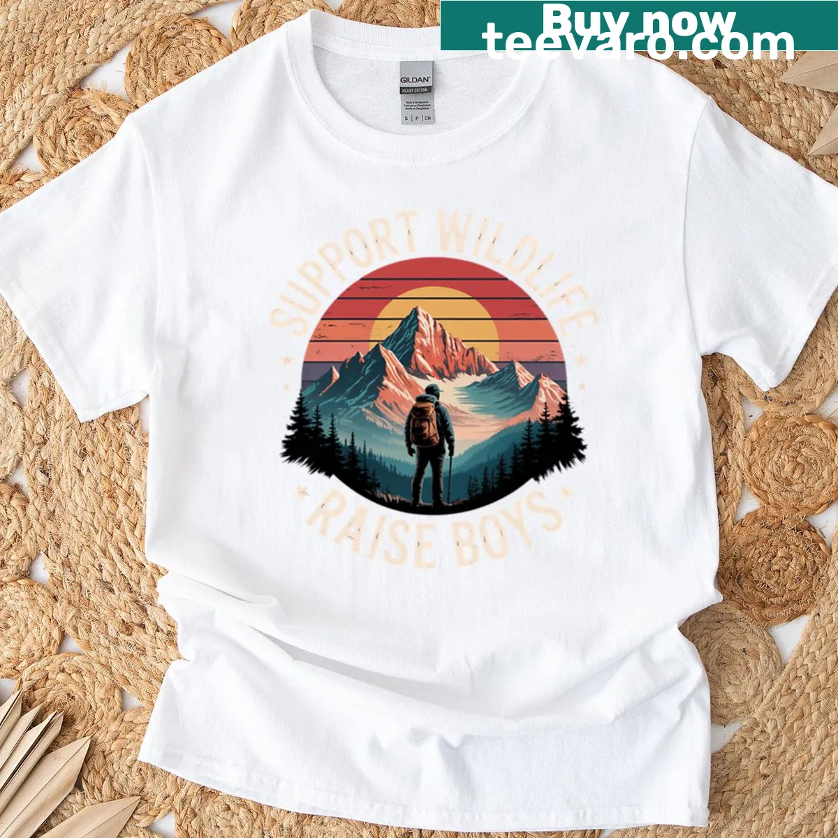 Inspirational T-shirt with the phrase 'Support Wildlife Raise Boys'. — on a men's t-shirt