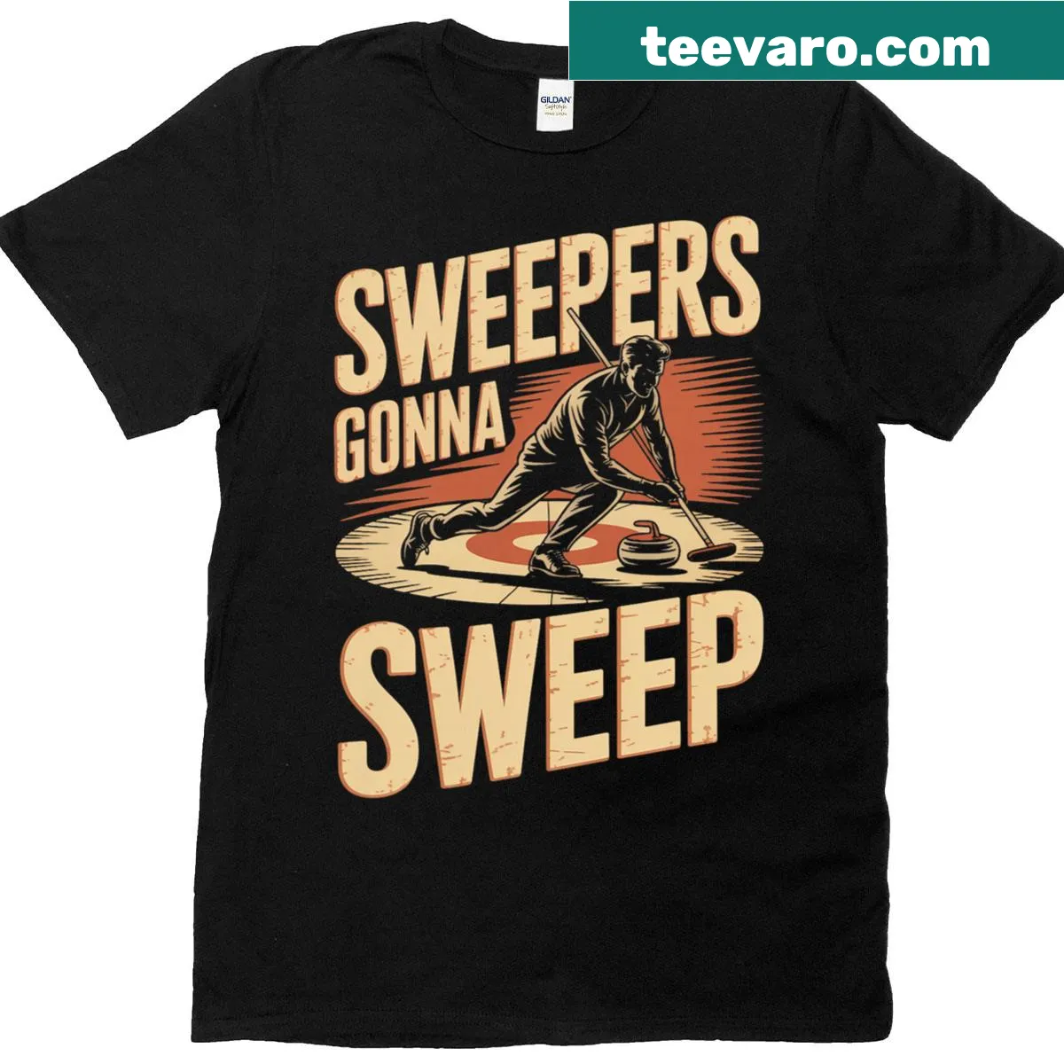 Playful curling-themed T-shirt with 'Sweepers Gonna Sweep' text — on a men's t-shirt