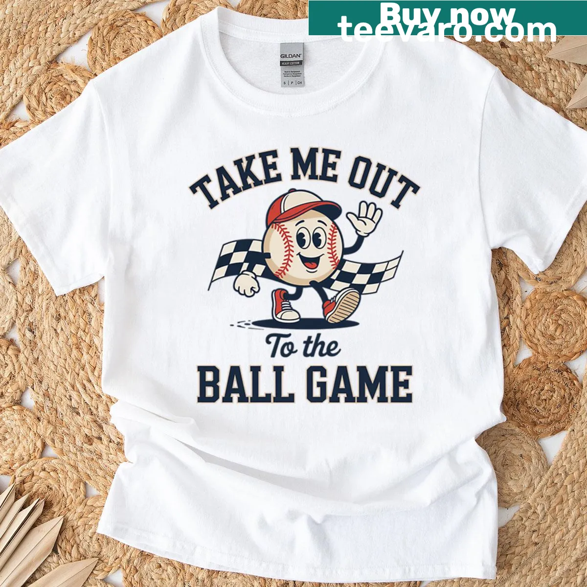 Vintage t-shirt featuring Take Me Out To The Baseball Ball Game text — on a men's t-shirt