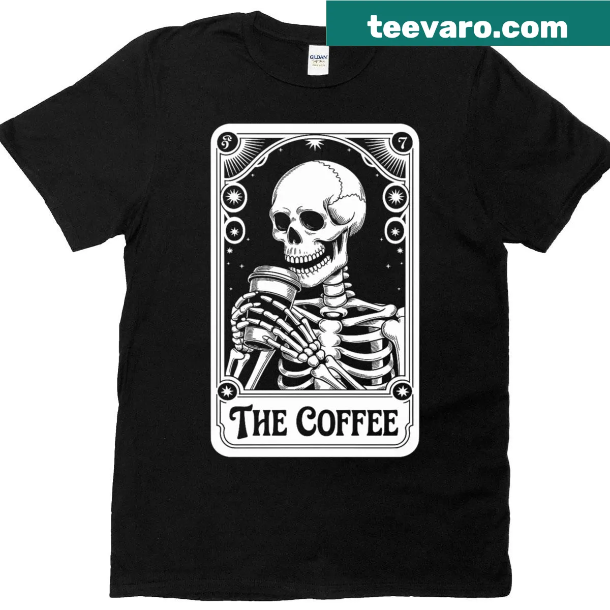 Tarot card-inspired coffee humor T-shirt for coffee lovers — on a men's t-shirt