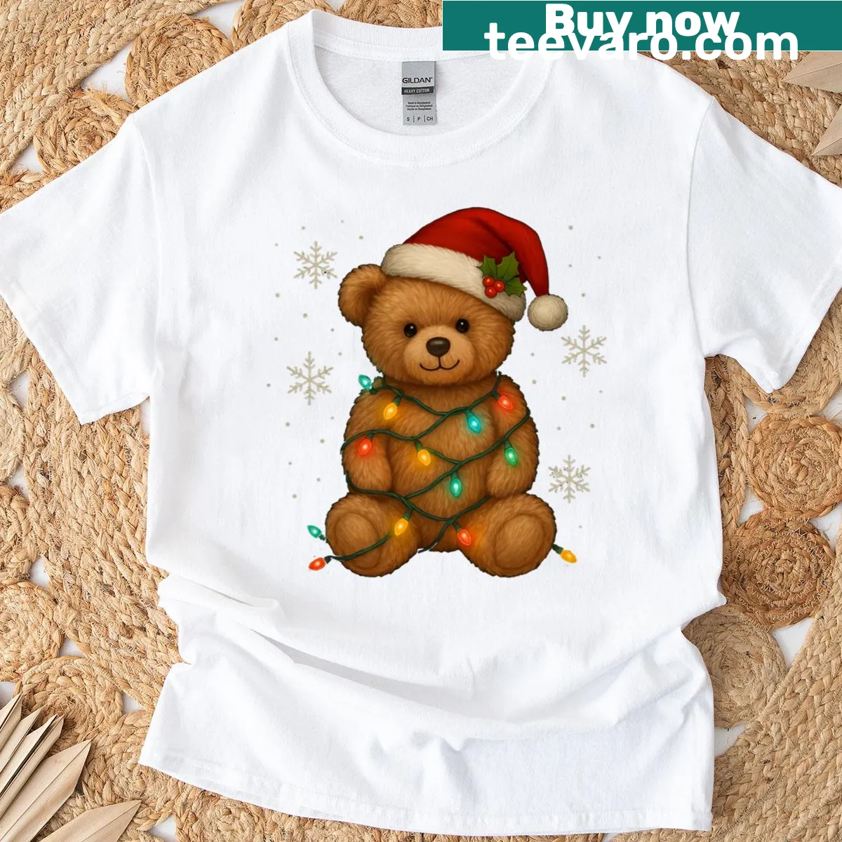 T-shirt featuring a teddy bear with Christmas lights and Santa hat — on a men's t-shirt