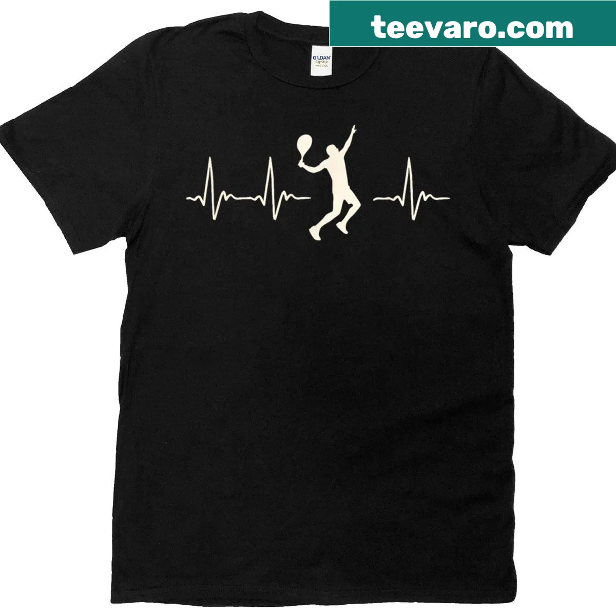 Funny Tennis T-shirt featuring heartbeat line transforming into a racket — on a men's t-shirt