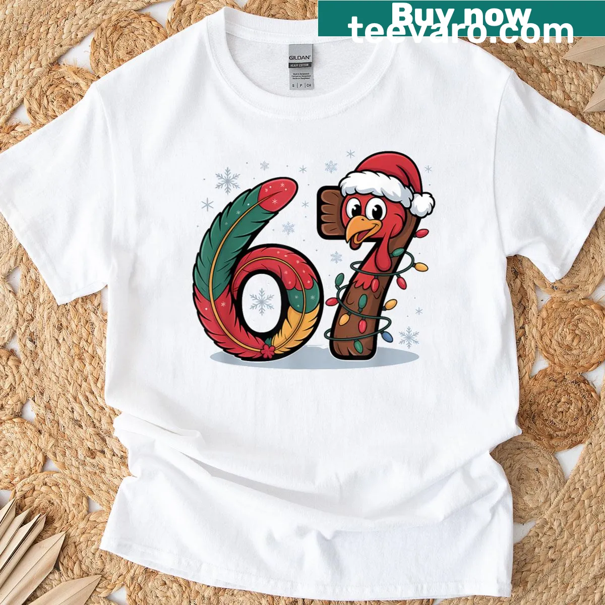 Funny turkey graphic with the number 67 on a Thanksgiving t-shirt — on a men's t-shirt
