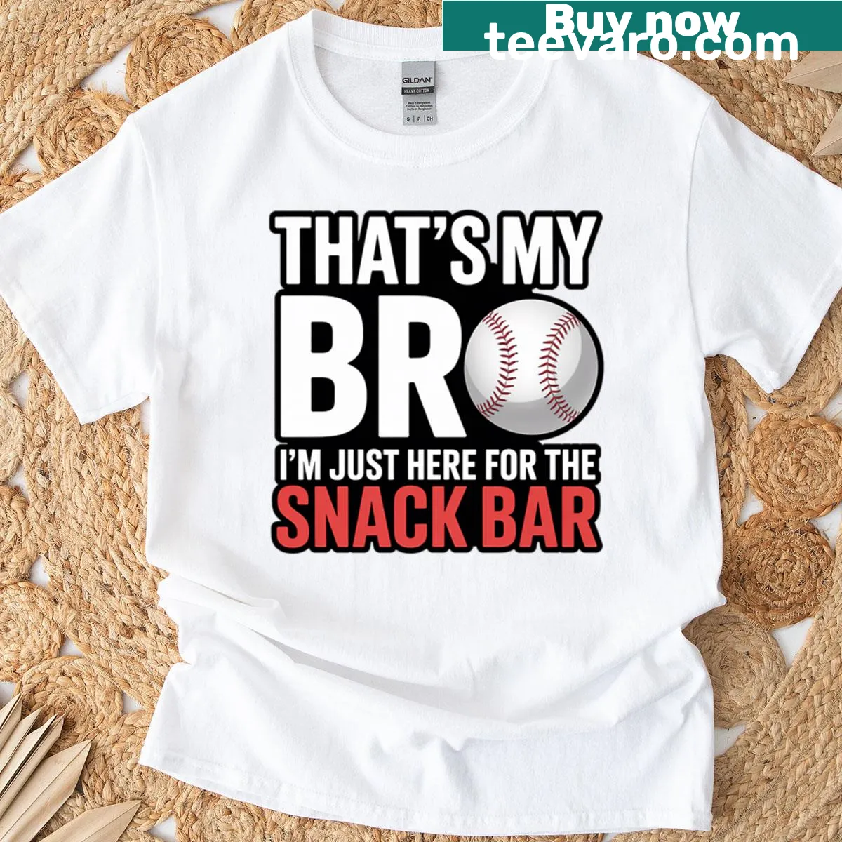Graphic tee featuring humorous text about snacks at baseball games — on a men's t-shirt