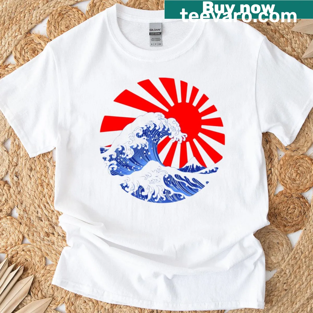 Circular design featuring The Great Wave and Rising Sun on a T-shirt — on a men's t-shirt