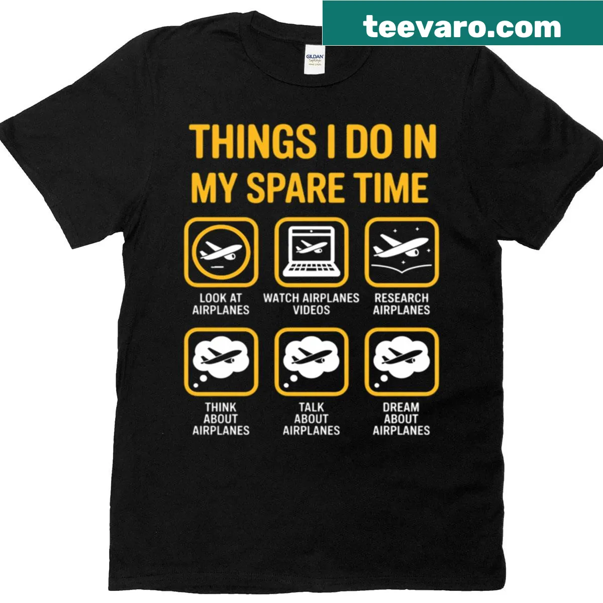 Aviation-themed t-shirt with Things I Do In My Spare Time text — on a men's t-shirt