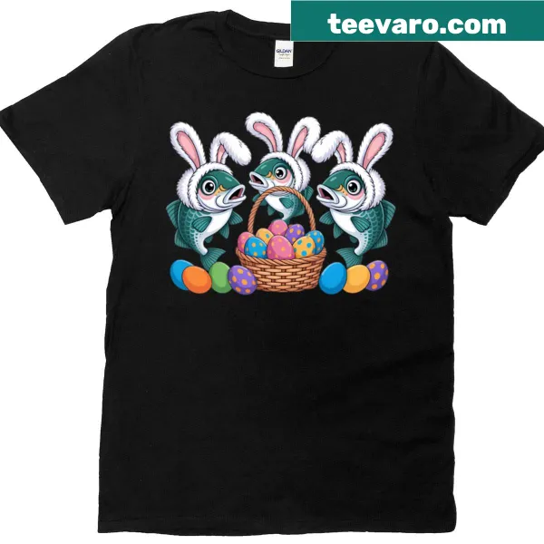 Whimsical Easter t-shirt featuring bunnies fishing for eggs.