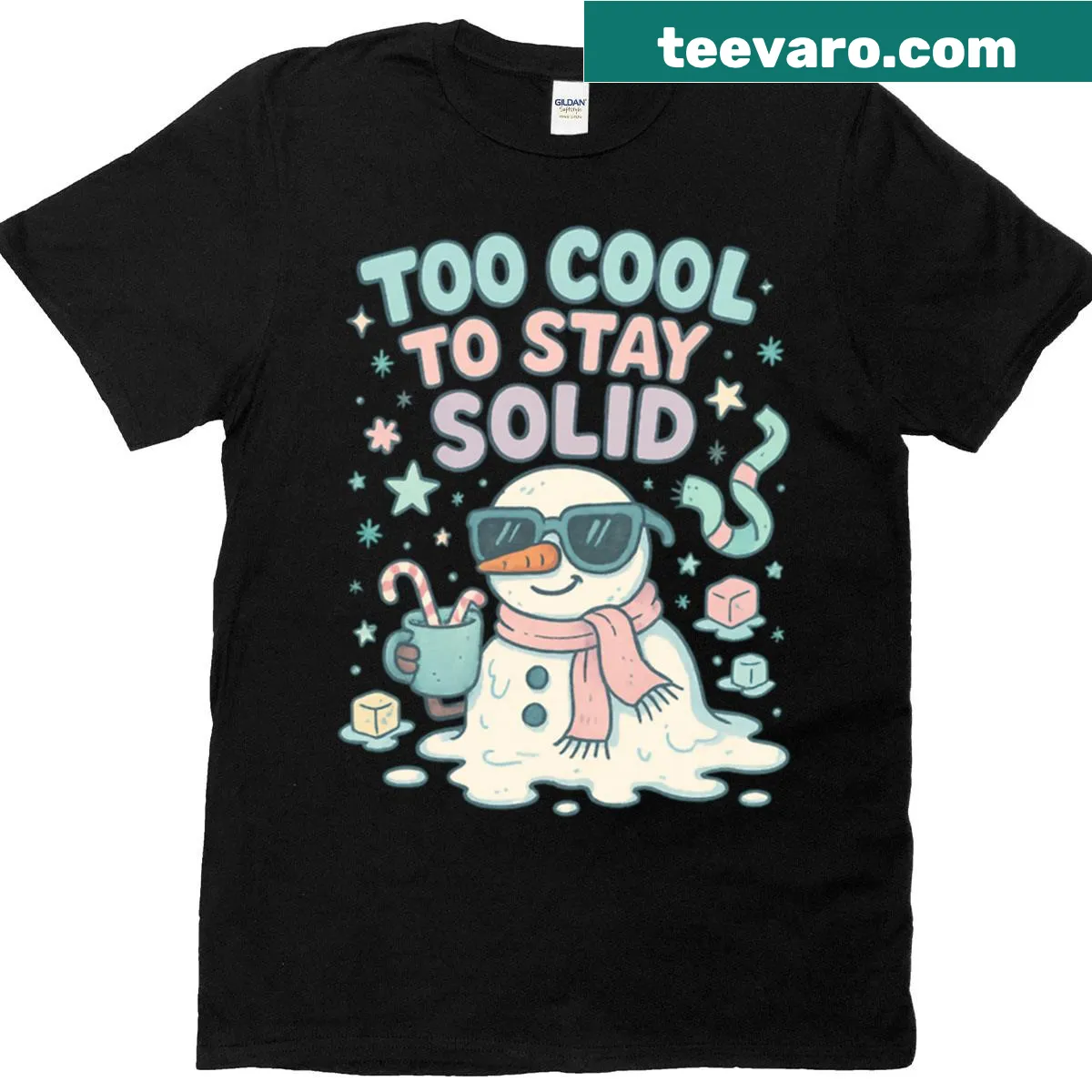 Funny melting snowman t-shirt with the phrase 'Too Cool To Stay Solid' — on a men's t-shirt