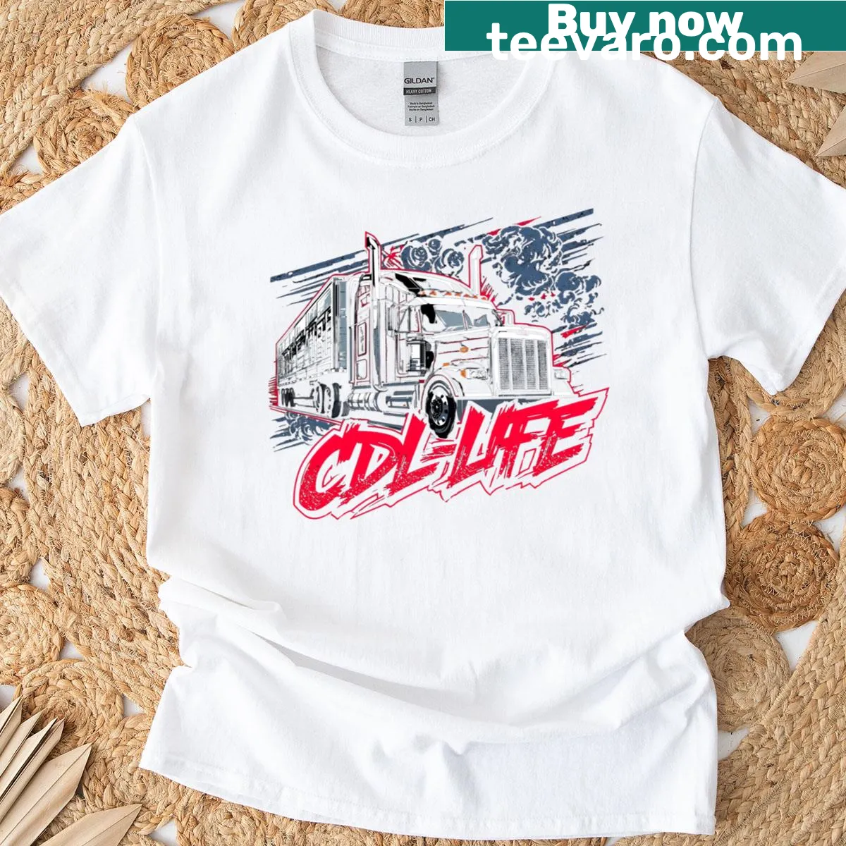 Bold badge design representing trucking life on a t-shirt — on a men's t-shirt
