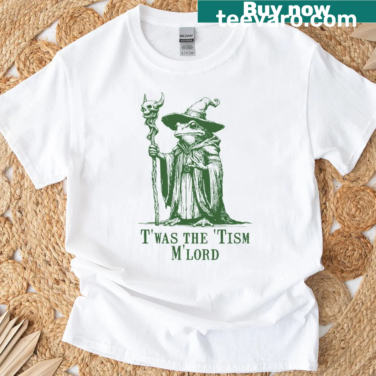 Funny T-shirt with medieval frog wizard and meme text — on a men's t-shirt