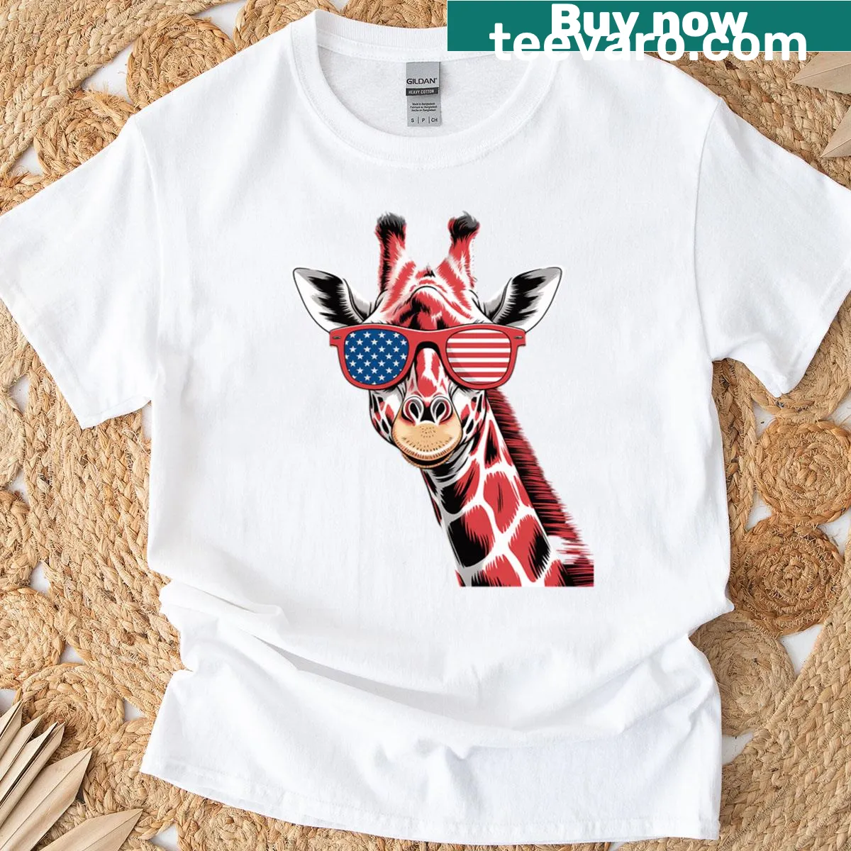 Patriotic giraffe in sunglasses design on a T-shirt — on a men's t-shirt