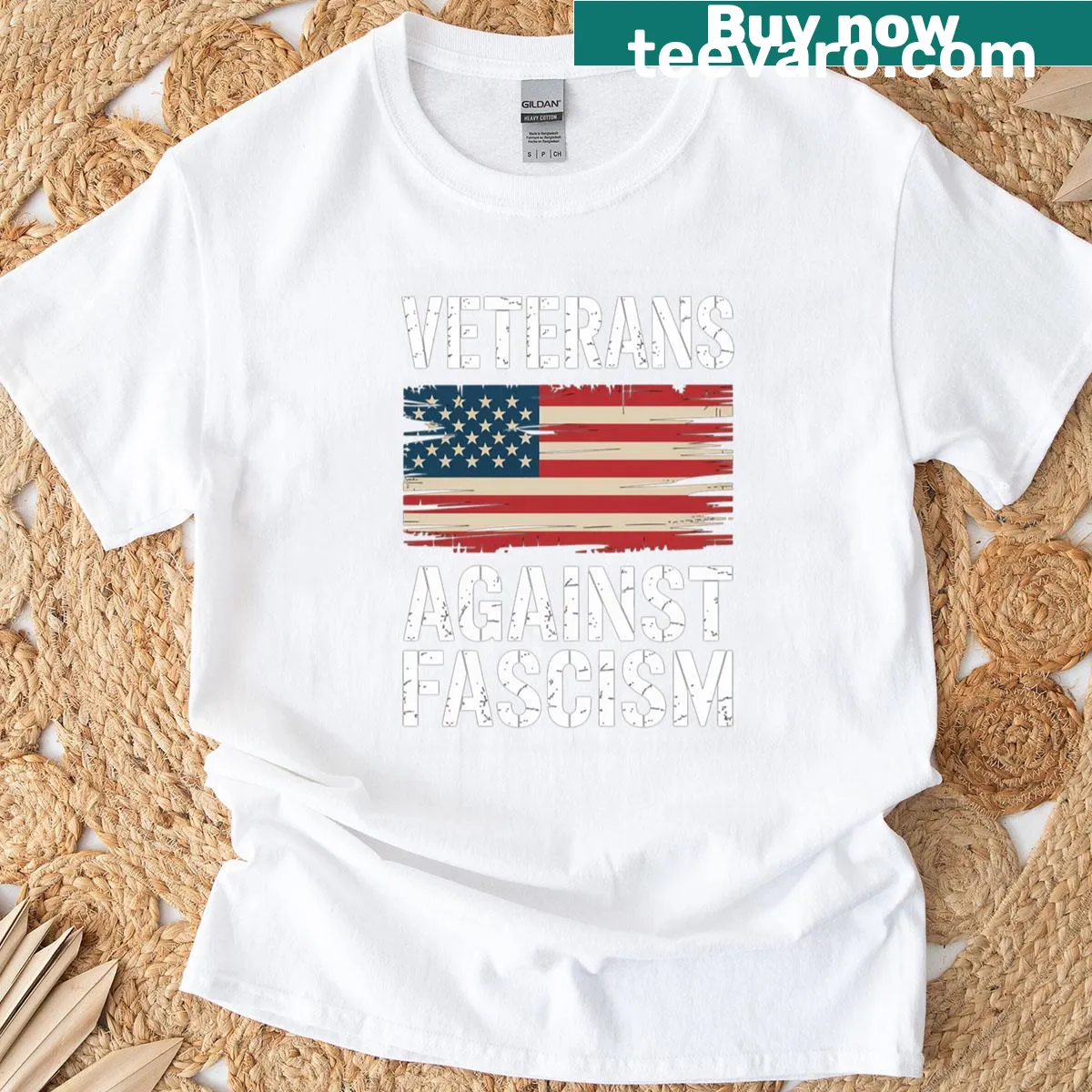 Veterans Against Fascism t-shirt with bold typography — on a men's t-shirt
