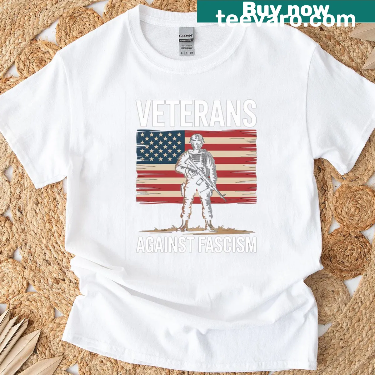 Bold graphic promoting veterans against fascism on a t-shirt — on a men's t-shirt