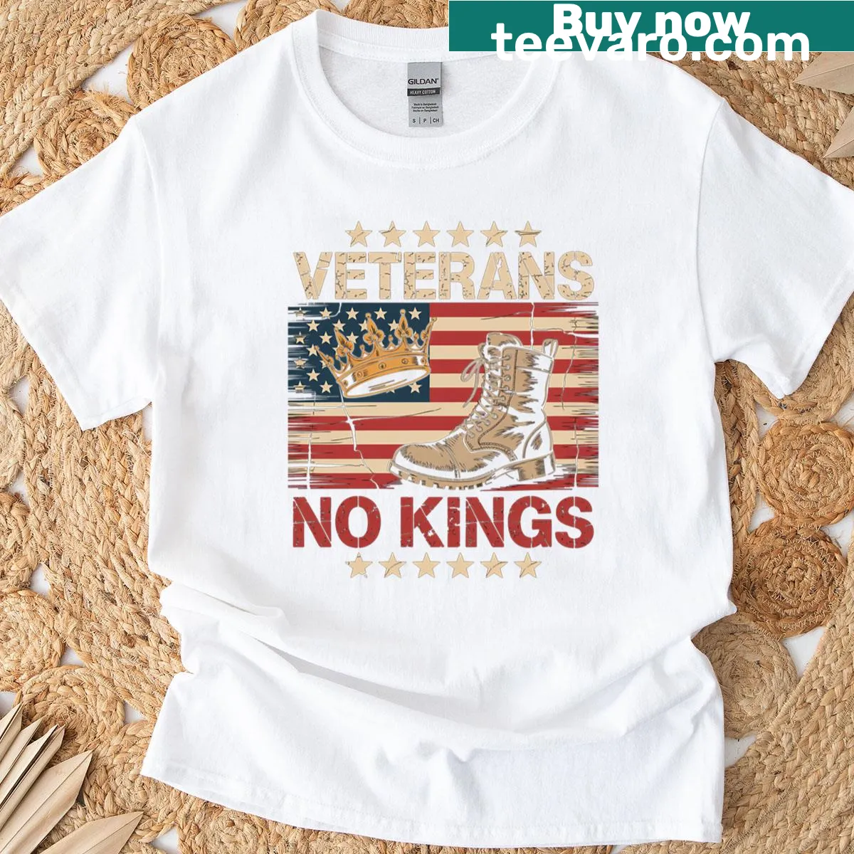 Bold 'No Kings' military protest t-shirt with USA flag design — on a men's t-shirt