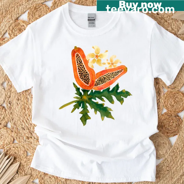 Watercolor papaya fruit and floral illustration on shirt