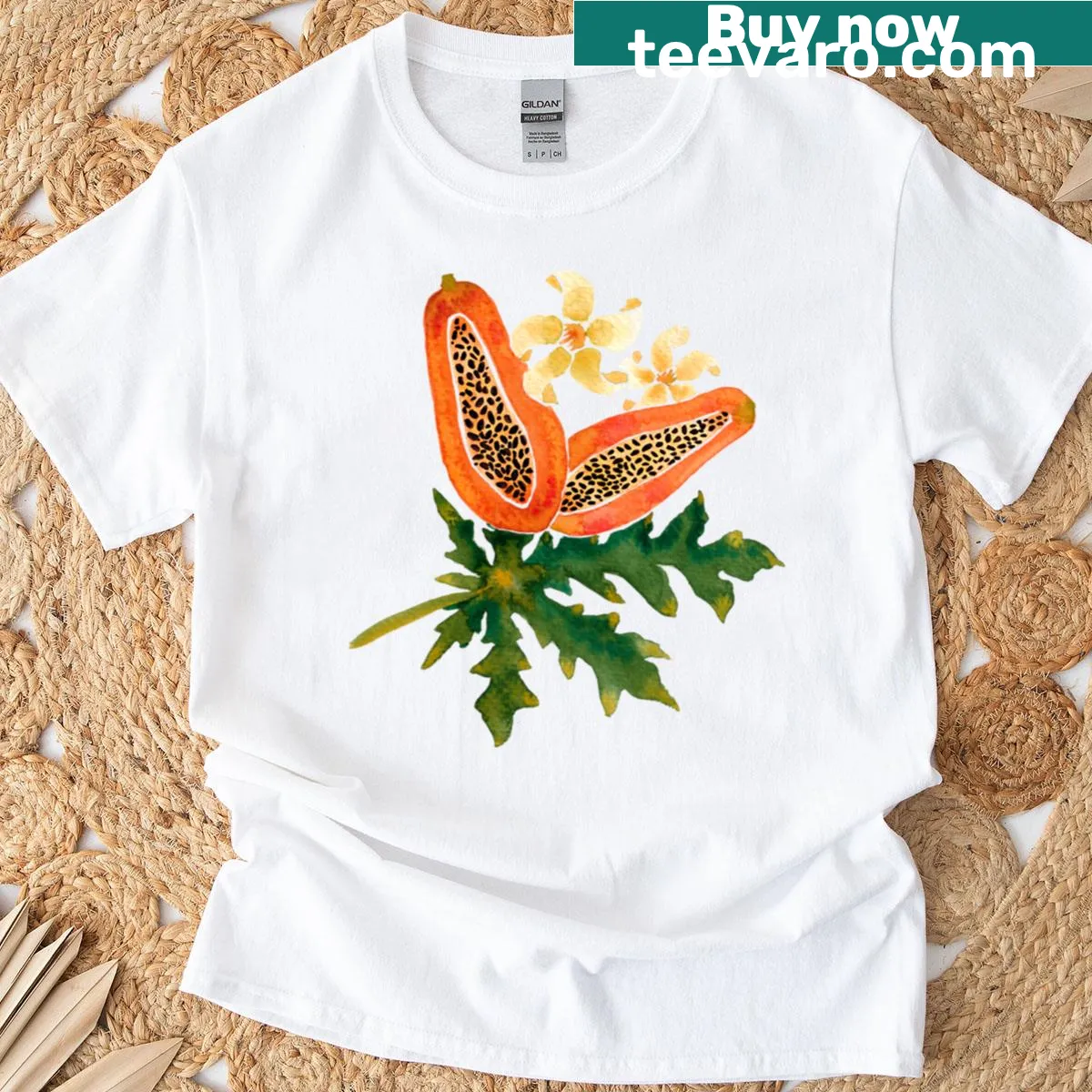 Watercolor papaya fruit and floral illustration on shirt — on a men's t-shirt