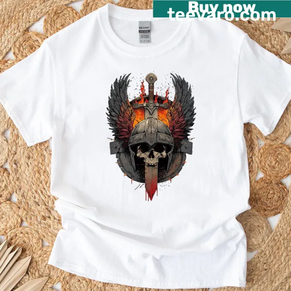 Viking skull with flaming sword and wings design on shirt