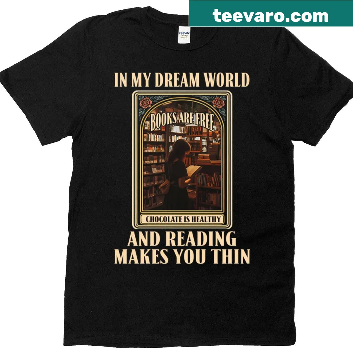 T-shirt with a vintage bookstore quote — on a men's t-shirt