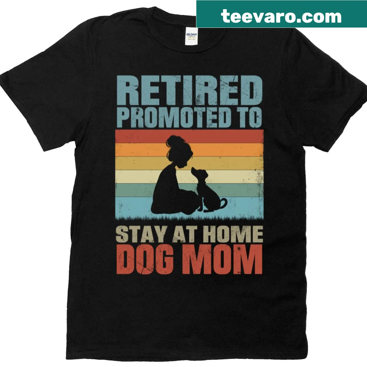 Silhouette of a dog mom on a vintage-style retirement t-shirt — on a men's t-shirt