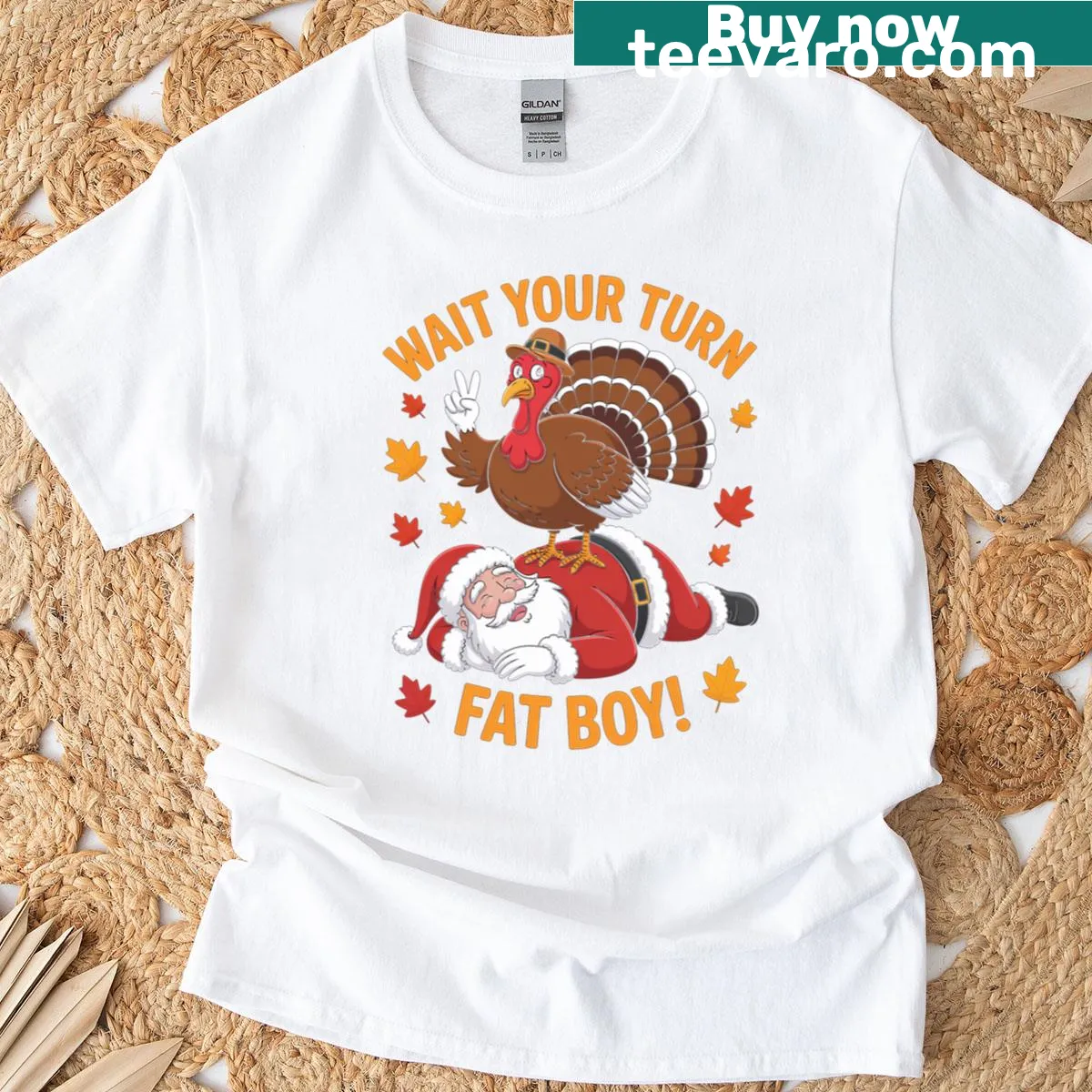 Illustration of a turkey wearing a Santa hat with the text 'Wait Your Turn' — on a men's t-shirt