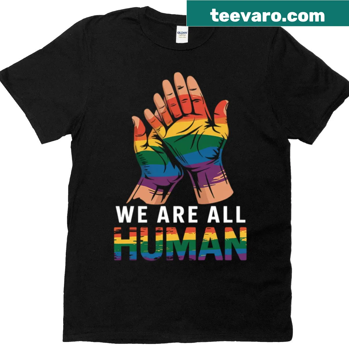 Rainbow graphic T-shirt with the text 'We Are All Human' — on a men's t-shirt
