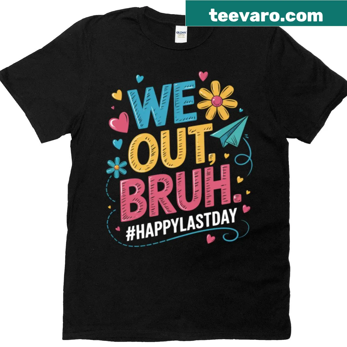 Funny T-shirt for teachers with 'We Out' slogan for last day of school — on a men's t-shirt