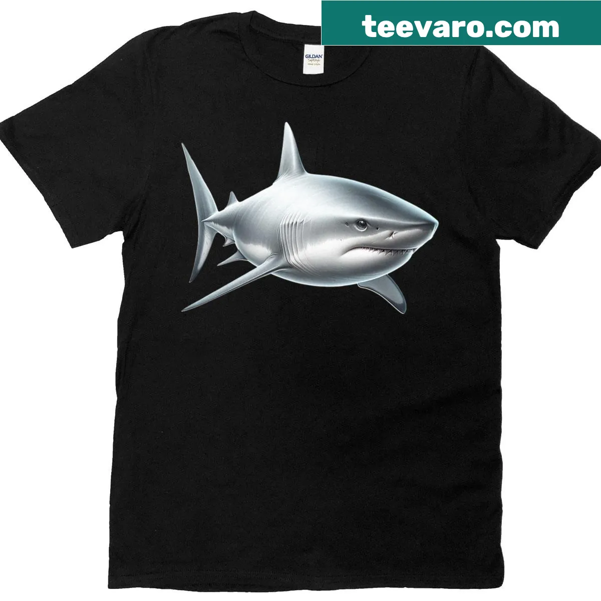 Minimalist t-shirt featuring a silhouette of a white shark. — on a men's t-shirt
