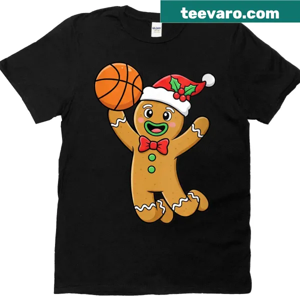 Illustration of a gingerbread cookie playing basketball for Christmas.