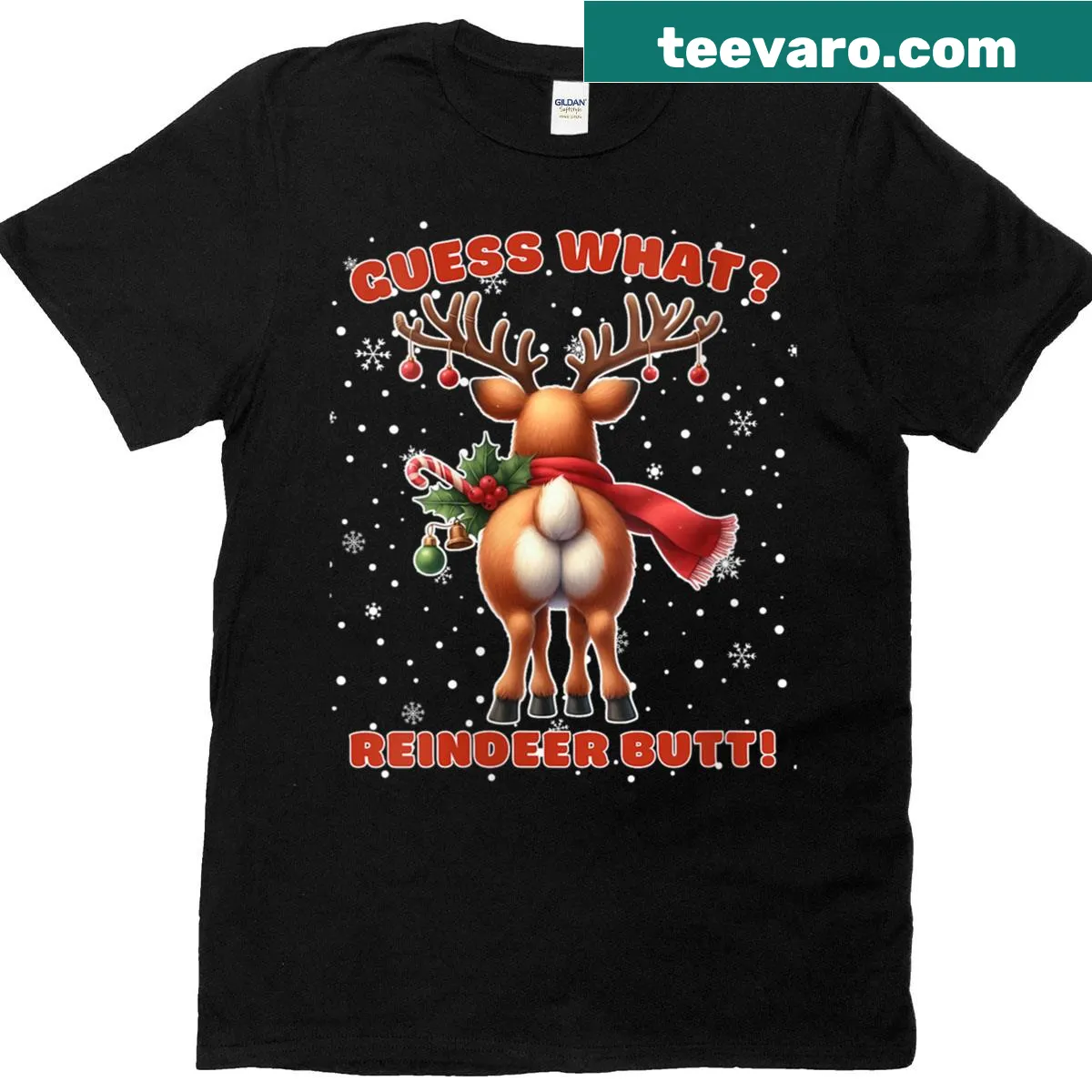 Funny Christmas T-shirt with reindeer butt and red nose graphic — on a men's t-shirt