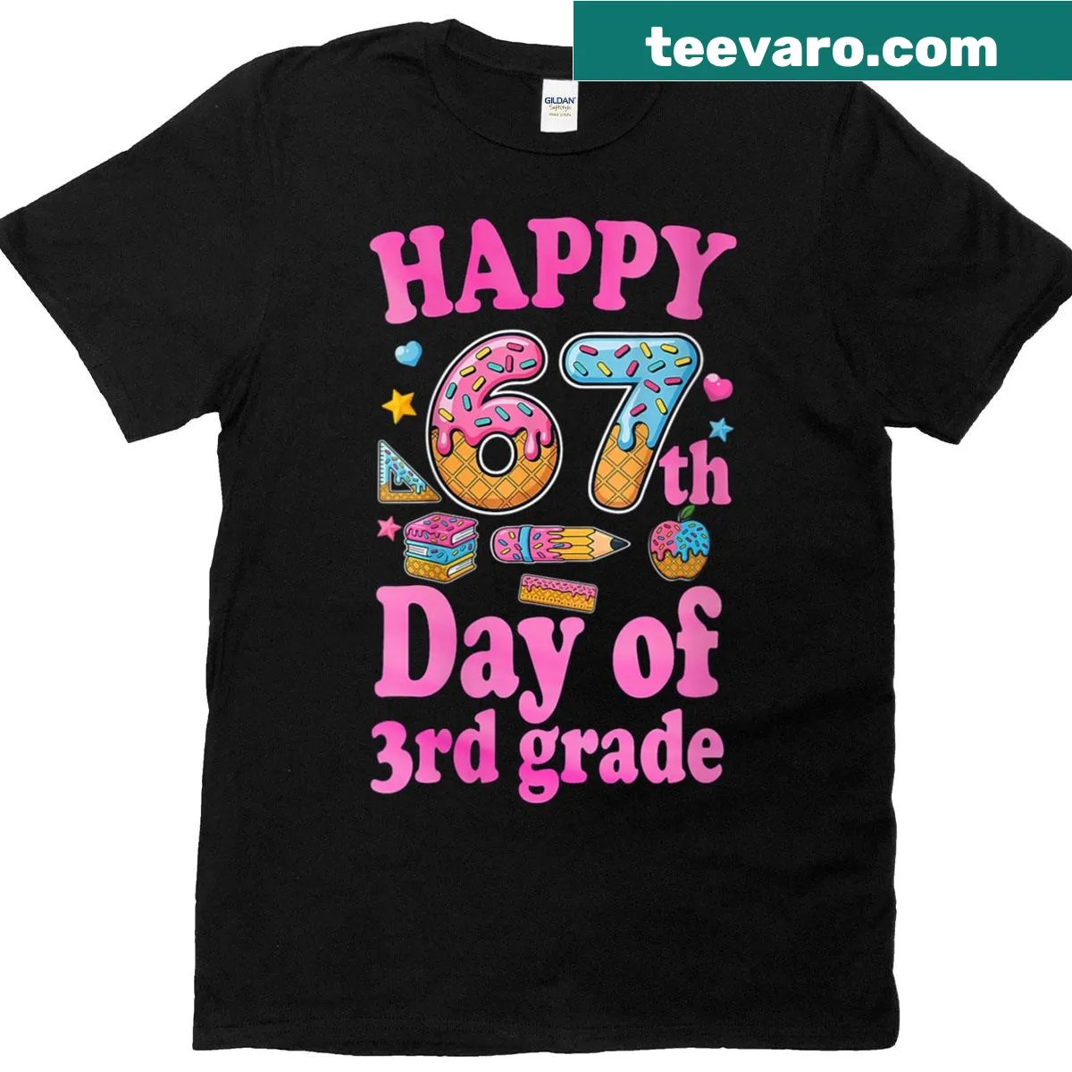Third grade teacher milestone T-shirt with number 67 — on a men's t-shirt