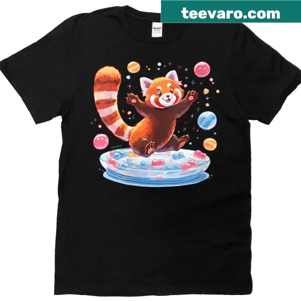 Illustrative T-shirt with a happy red panda jumping among bubbles