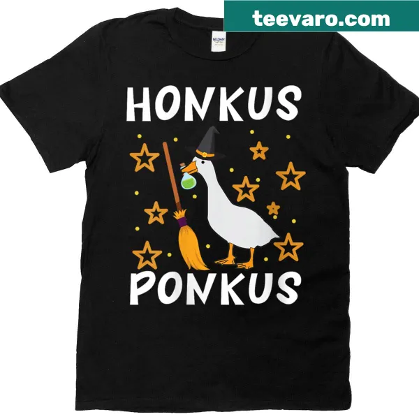 Halloween T-shirt featuring Honkus Ponkus Goose Witch illustration