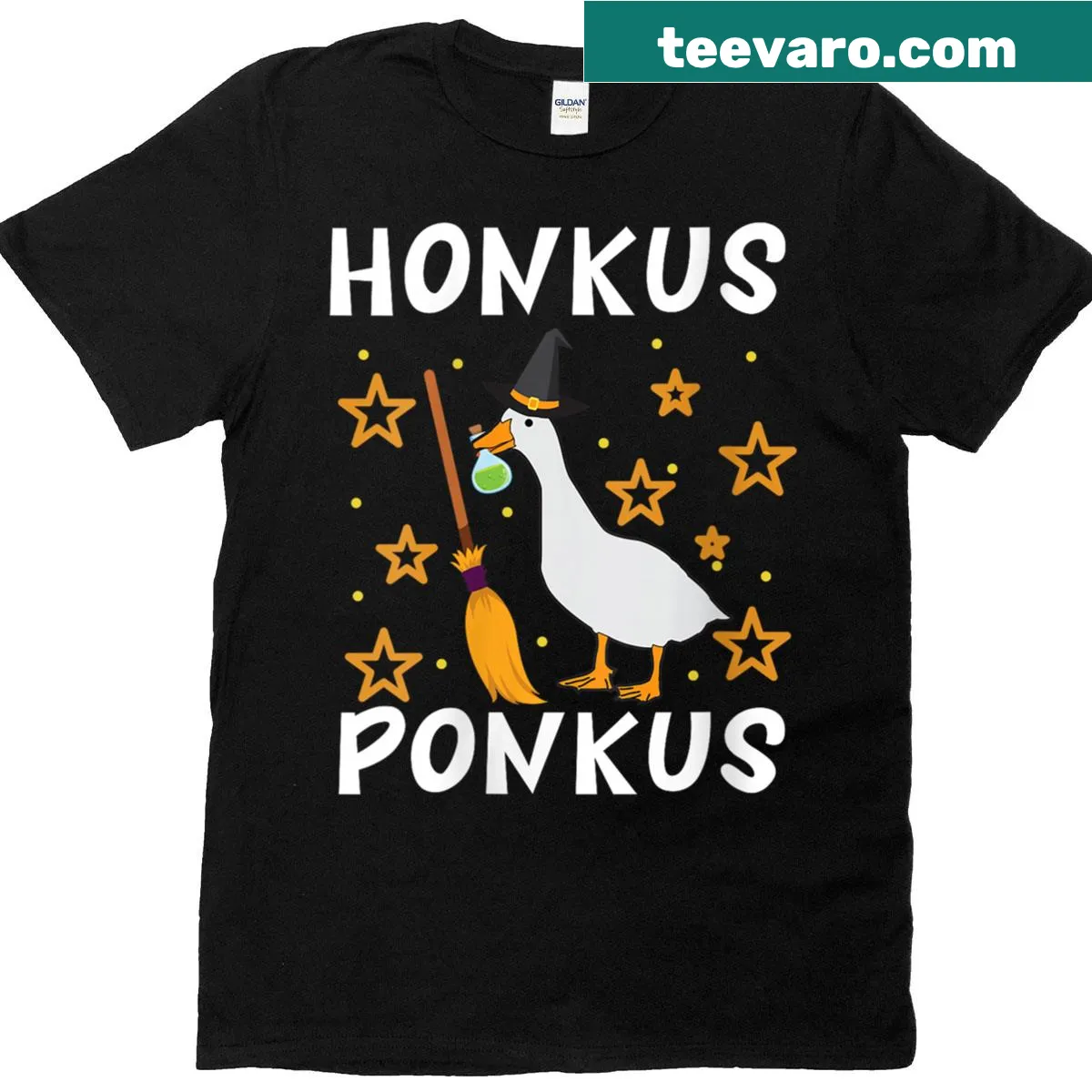 Halloween T-shirt featuring Honkus Ponkus Goose Witch illustration — on a men's t-shirt
