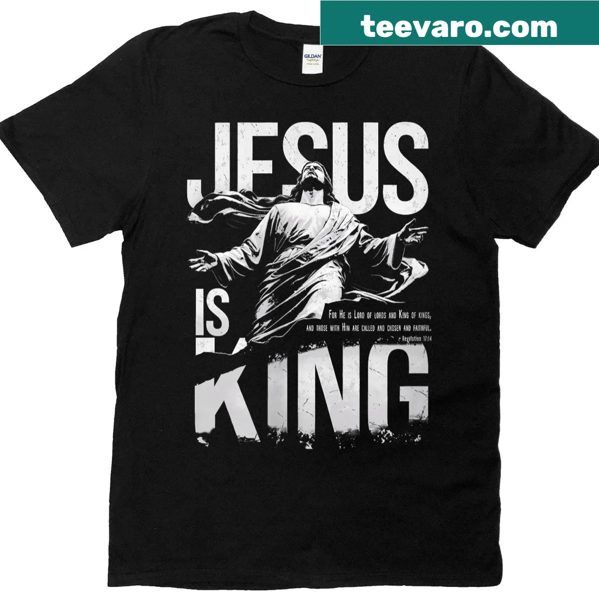 Grunge style T-shirt with Jesus Is King text — on a men's t-shirt