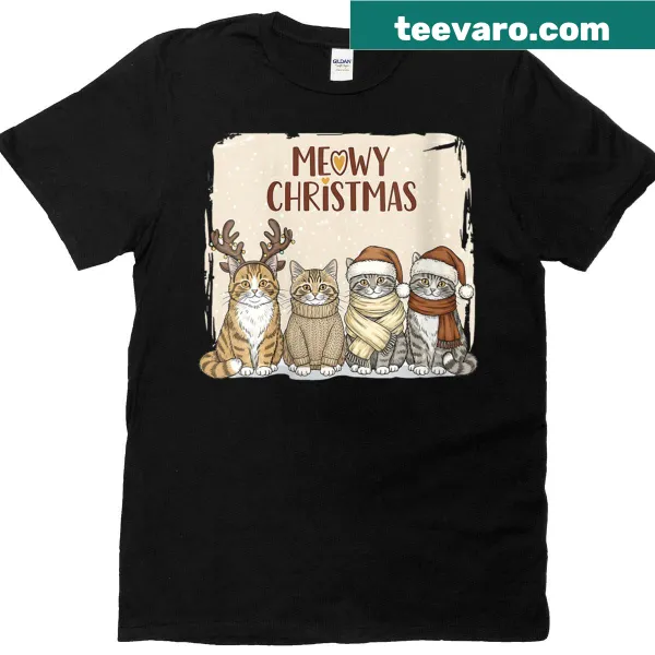 Playful Christmas cats and trees graphic on a festive t-shirt