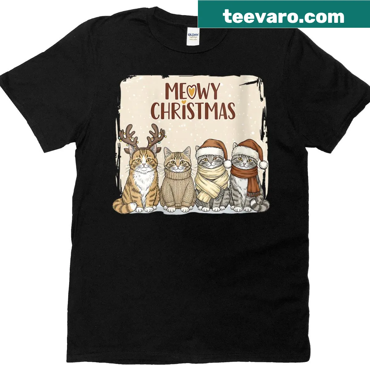 Playful Christmas cats and trees graphic on a festive t-shirt — on a men's t-shirt