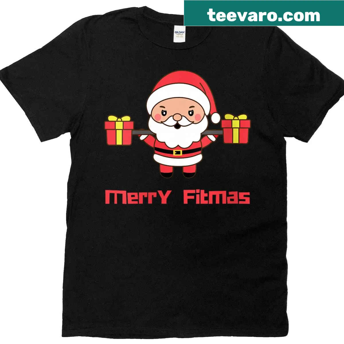 Playful Merry Fitmas workout T-shirt with holiday theme — on a men's t-shirt