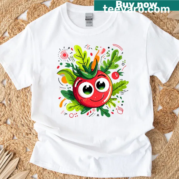 Cheerful tomato illustration with a leafy backdrop