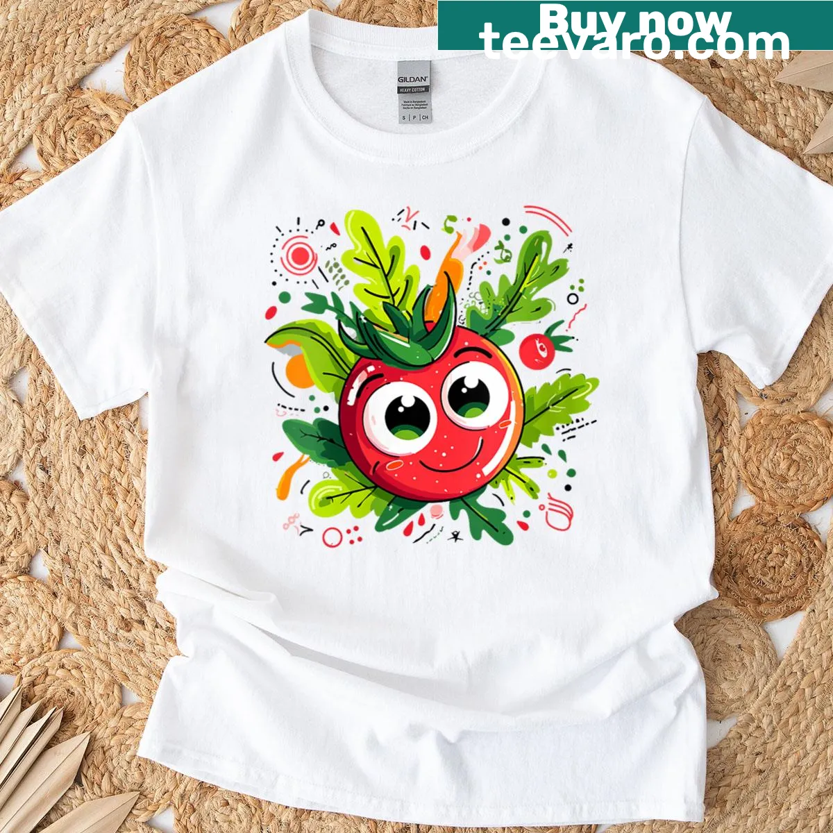 Cheerful tomato illustration with a leafy backdrop — on a men's t-shirt