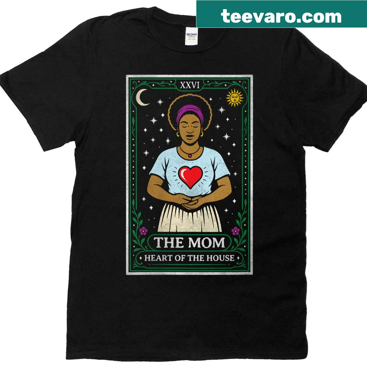 Tarot card inspired T-shirt celebrating moms with heart design. — on a men's t-shirt