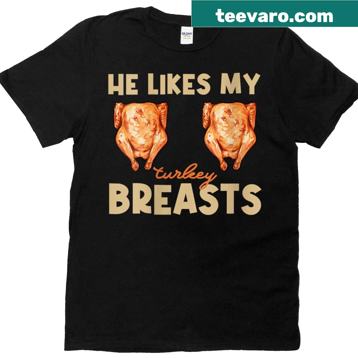 Couple matching Thanksgiving t-shirt with humorous text — on a men's t-shirt