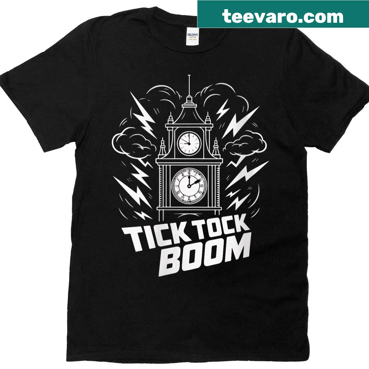 Funny Tick Tock Boom T-shirt with bold typography — on a men's t-shirt