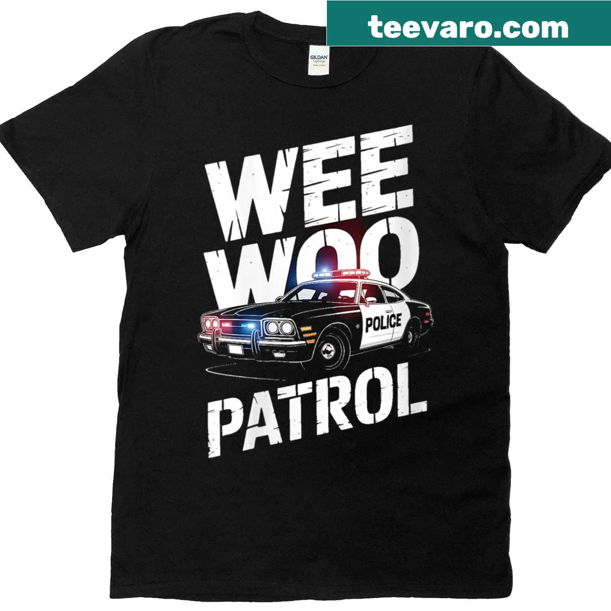 Funny police humor shirt with 'Wee Woo Patrol' text. — on a men's t-shirt