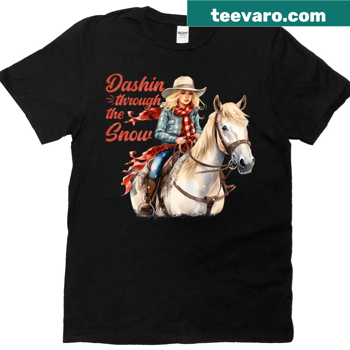 Western Christmas shirt with a dashing horseback rider illustration — on a men's t-shirt