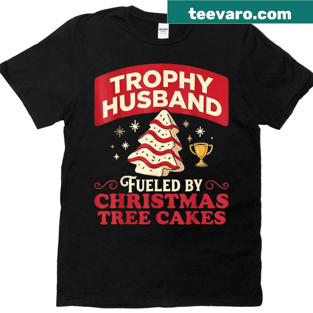 T-shirt with funny Xmas Trophy Husband design and text — on a men's t-shirt
