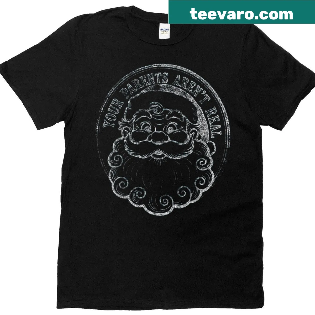 Funny T-shirt with Your Parents Aren't Real Santa text — on a men's t-shirt