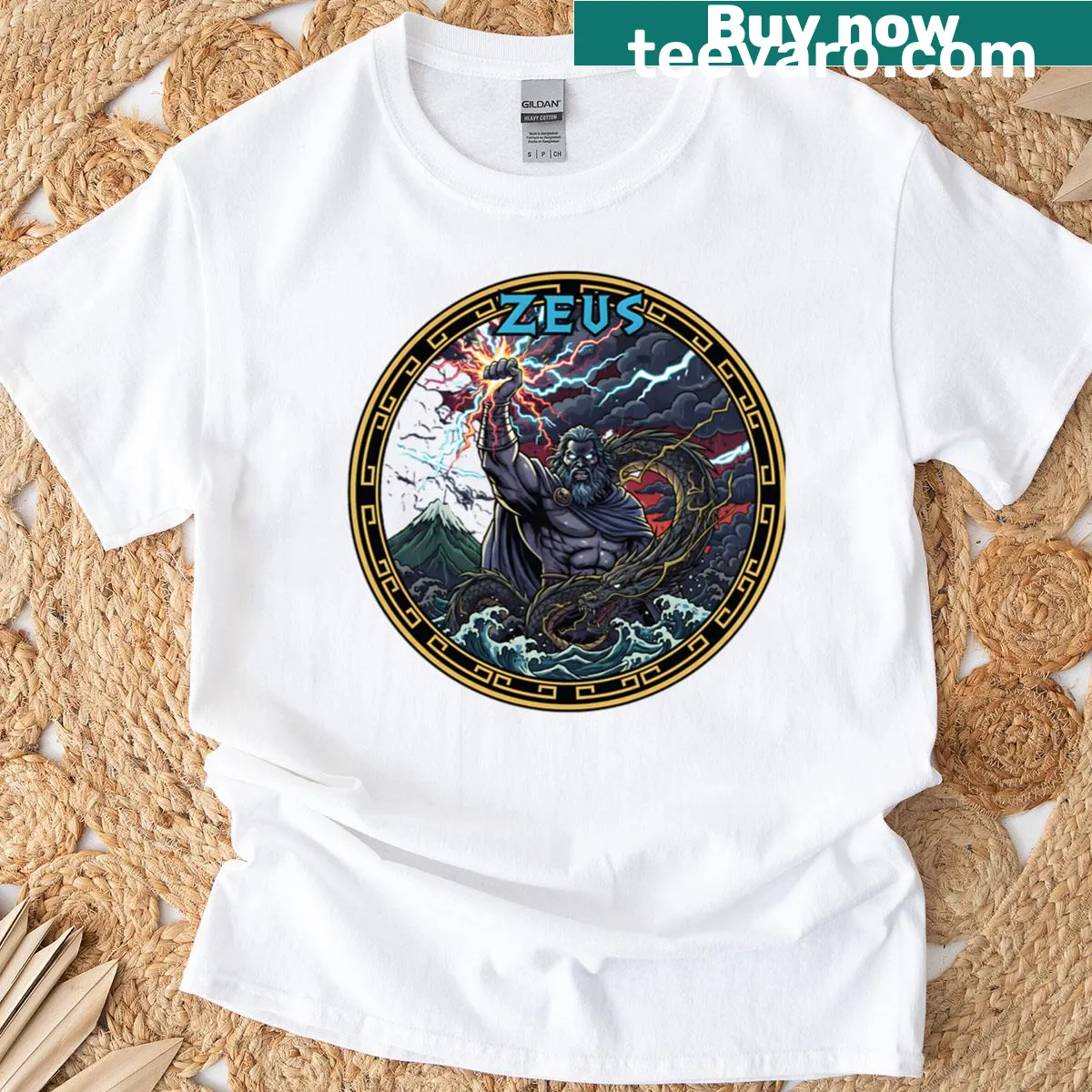 T-shirt featuring a Zeus logo inspired by Greek mythology — on a men's t-shirt