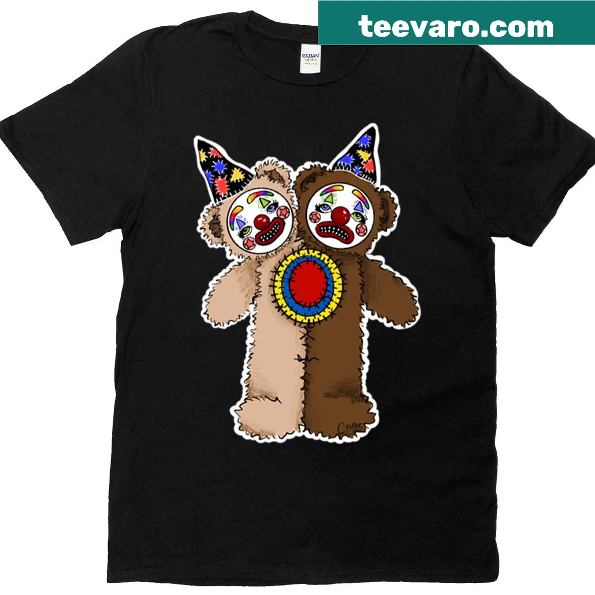 Illustration of a two-headed clown teddy bear on a t-shirt — on a men's t-shirt
