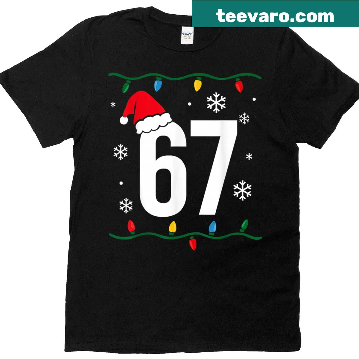 Funny kids Christmas t-shirt featuring the 6 7 Meme design — on a men's t-shirt