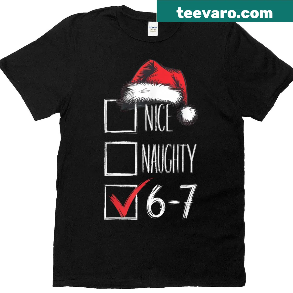 Text graphic on a Christmas T-shirt about being nice or naughty — on a men's t-shirt